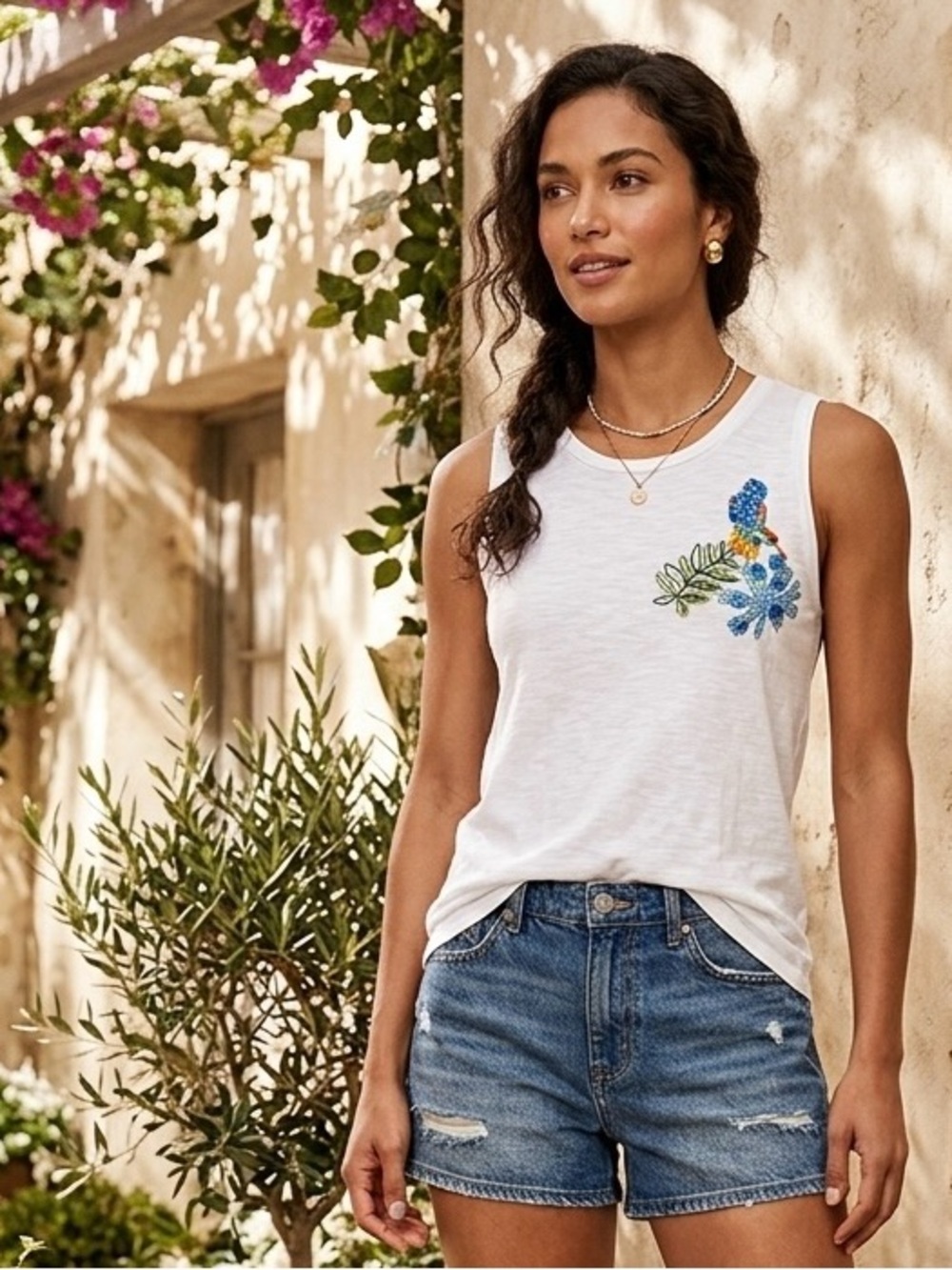 LOFT Hummingbird Embroidered Tank Top XSP White Slub Knit Boho Coastal Festival